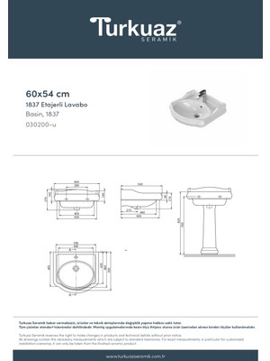 Turkuaz Seramik 1837 60 cm Etajerli Lavabo