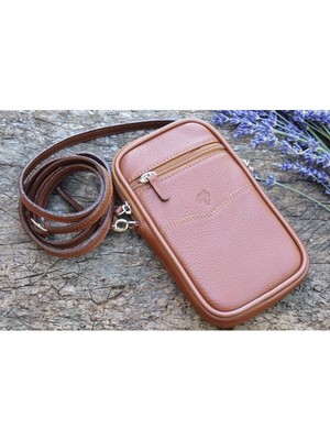 Erkek Kemer ve Omuz Askılı Telefon Çantası Hakiki Dana Derisinden Taba Renk