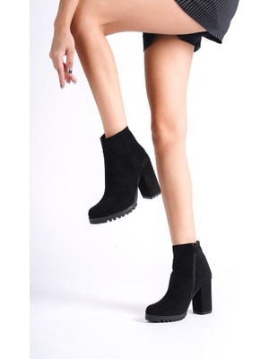 Mubiano Mbzfr5008S-S Kadın Süet Siyah Kalın Topuklu Fermuarlı Kısa Bot&Bootie