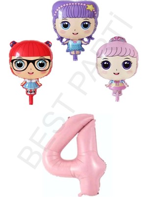 Best Parti 3 Karakter Kız Bebek ve Pembe Rakam Folyo Balon Seti Yaş 4