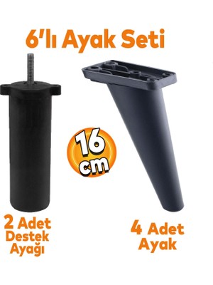 Badem10 Regnum 6'lı Set Mobilya Tv Ünitesi Çekyat Koltuk Kanepe Destek Ayağı 16 cm Siyah Ayak M8 Civatalı