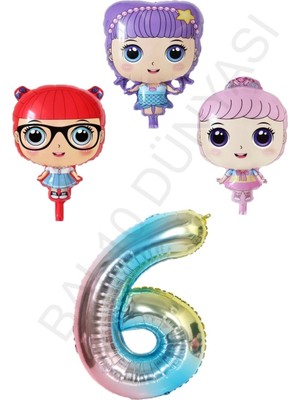 Bal10 Dünyası 3 Karakter Kız Bebek ve Gökkuşağı Rakam Folyo Balon Seti Yaş 6
