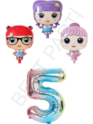 Best Parti 3 Karakter Kız Bebek ve Gökkuşağı Rakam Folyo Balon Seti Yaş 5