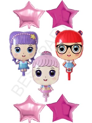 Best Parti 3 Karakter Kız Bebek ve Pembe Renk Kalp Yıldız Folyo Balon Seti