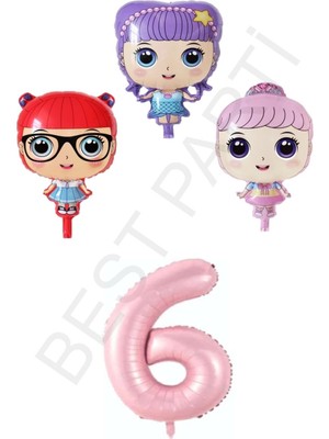 Best Parti 3 Karakter Kız Bebek ve Pembe Rakam Folyo Balon Seti Yaş 6