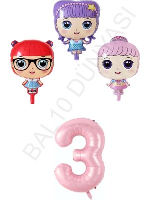 Bal10 Dünyası 3 Karakter Kız Bebek ve Pembe Rakam Folyo Balon Seti Yaş 3