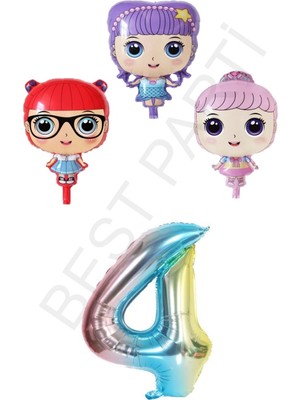 Best Parti 3 Karakter Kız Bebek ve Gökkuşağı Rakam Folyo Balon Seti Yaş 4