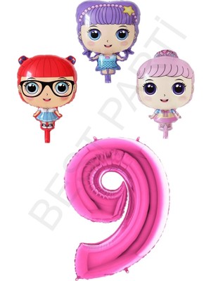Best Parti 3 Karakter Kız Bebek ve Fuşya Pembe Rakam Folyo Balon Seti Yaş 9