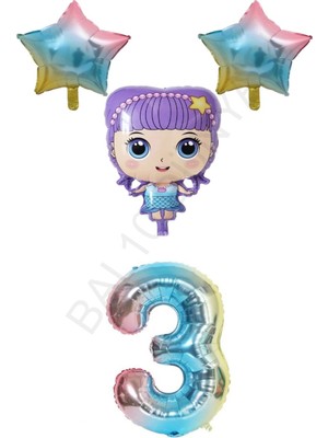 Bal10 Dünyası Mor Renk Kız Bebek Gökkuşağı Rakam ve Yıldız Folyo Balon Seti Yaş 3