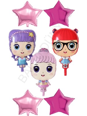 3 Karakter Kız Bebek ve Pembe Renk Kalp Yıldız Folyo Balon Seti