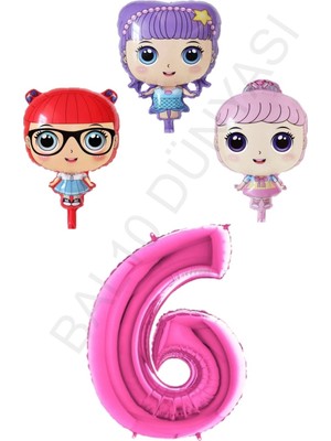 Bal10 Dünyası 3 Karakter Kız Bebek ve Fuşya Pembe Rakam Folyo Balon Seti Yaş 6
