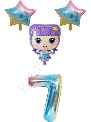 Bal10 Dünyası Mor Renk Kız Bebek Gökkuşağı Rakam ve Yıldız Folyo Balon Seti Yaş 7