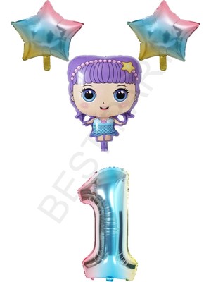 Best Parti Mor Renk Kız Bebek Gökkuşağı Rakam ve Yıldız Folyo Balon Seti Yaş 1