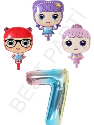 Best Parti 3 Karakter Kız Bebek ve Gökkuşağı Rakam Folyo Balon Seti Yaş 7