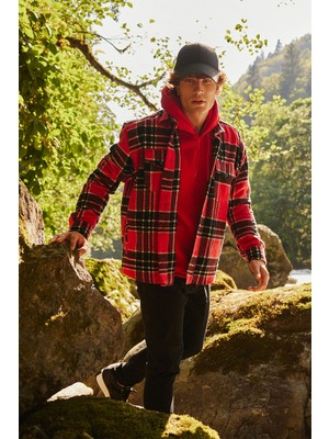 Altınyıldız Classics Erkek Kırmızı-siyah Oversize Bol Kesim Düğmeli Yaka Kareli Kışlık Gömlek Ceket