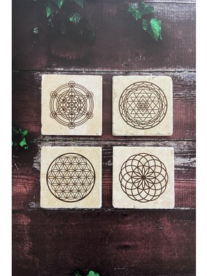 Lotus, Sri Yantra, Yaşam Çiçeği, Metatron Doğal Taş Traverten Bardak Altlığı 4 Lü Set