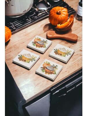 Pumpkin Cupcake Temalı Doğal Taş Traverten Bardak Altlığı 4 Lü Set