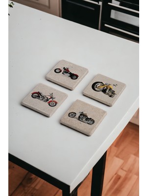 Klasik Amerikan Motorsiklet Temalı Doğal Taş Traverten Bardak Altlığı 4 Lü Set