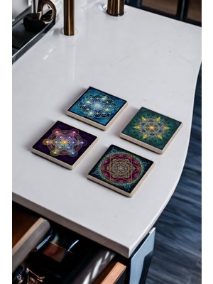 Sri Yantra, Yaşam Çiçeği, Metatron Doğal Taş Traverten Bardak Altlığı 4 Lü Set