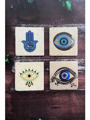 Göz ve Nazar Temalı Doğal Taş Traverten Bardak Altlığı 4 Lü Set