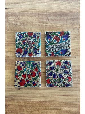 Karanfil Desenli Doğal Taş Traverten Bardak Altlığı 4 Lü Set