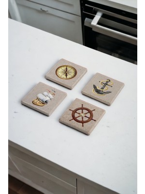Denizcilik, Yelkenli ve Çapa Temalı Doğal Taş Traverten Bardak Altlığı 4 Lü Set