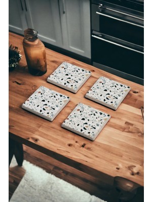 Beyaz Terrazzo Doğal Taş Bardak Altlığı ve Banyo Gider Kapağı 4 Lü Set