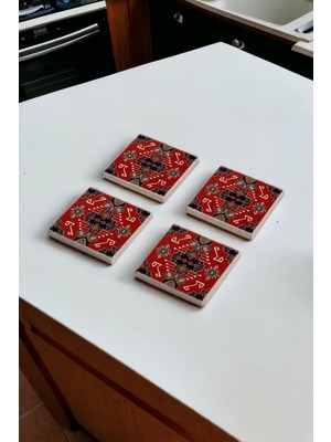 Kırmızı Tile Motif Doğal Taş Traverten Bardak Altlığı 4 Lü Set