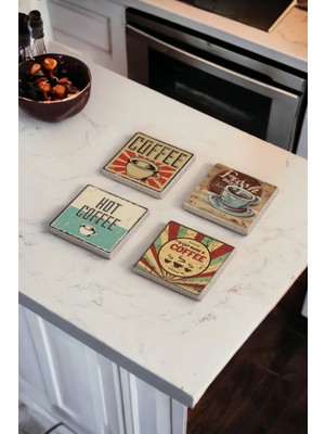 Retro Kahve Zamanı Temalı Doğal Taş Traverten Bardak Altlığı 4 Lü Set