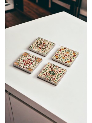 Mandala Motif Temalı Doğal Taş Traverten Bardak Altlığı 4 Lü Set