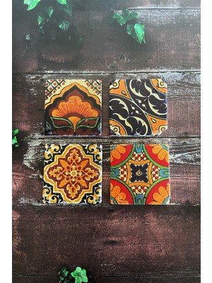 Çiçek Mandala Desenli Doğal Taş Traverten Bardak Altlığı 4 Lü Set