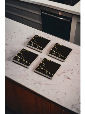 Siyah Kintsugi Sanatı, Kintsukuroi Art Doğal Taş Traverten Bardak Altlığı 4 Lü Set