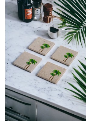 Palmiye Ağacı Temalı Doğal Taş Traverten Bardak Altlığı 4 Lü Set