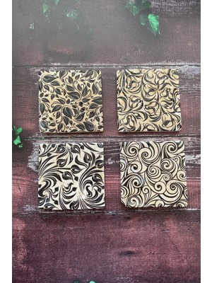 Siyah Yapraklar Desenli Doğal Taş Traverten Bardak Altlığı 4 Lü Set