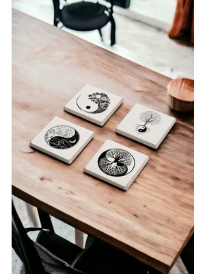 Yin Yang Yaşam Ağacı Temalı Doğal Taş Traverten Bardak Altlığı 4 Lü Set