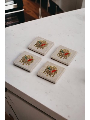 Osmanlı Tuğrası Ottoman Temalı Doğal Taş Traverten Bardak Altlığı 4 Lü Set