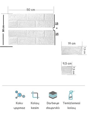 50 x 30 cm 0,17 M² Kendinden Yapışkanlı Duvar Kağıdı Esnek Köpük Paneli 3D Boyutlu Tuğla Desen Beyaz