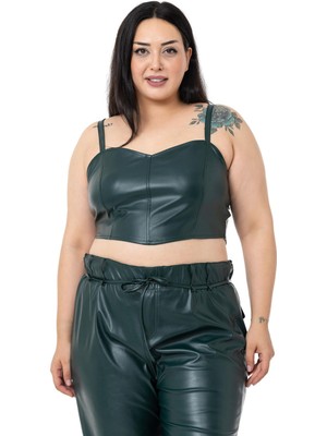 Disentis Modest Büyük Beden Ayarlanabilir Ince Askılı Crop Deri Haki Büstiyer