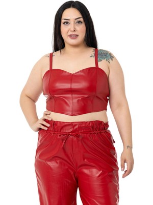 Disentis Modest Büyük Beden Ayarlanabilir Ince Askılı Crop Deri Kırmızı Büstiyer