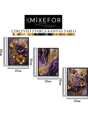 Çerçeveli 3 Parça Tablo Set-Soyut Çiçek Desen Kanvas Tablo -Tek Tablo Ölçü 55CM x 75CM