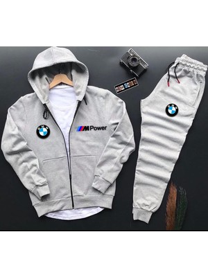 New Cabin Bmw M'power Baskılı Fermuarlı Pamuklu Ceket- Eşofman Altı 2 'li Takım