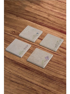 Minimal Çiçek Tasarımlı Doğal Taş Traverten Bardak Altlığı 4 Lü Set