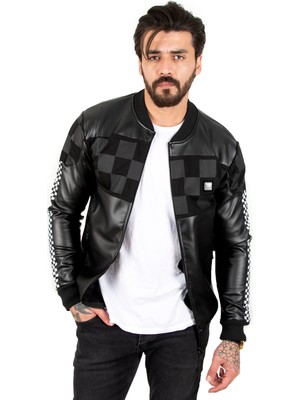 DeepSEA Siyah Dar Kesim Dama Desenli Kolej Yaka Erkek Suni Deri Mont / Ceket 2100182