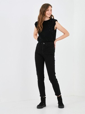 Makras Exclusive Blanka Kadın Solmayan Siyah Yüksek Bel Likralı Mom Kot Pantolon Jeans