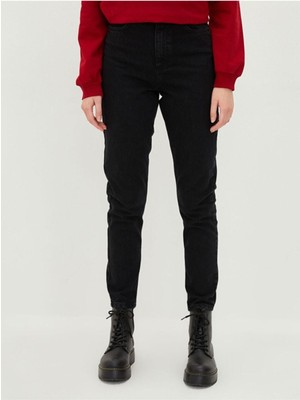 Makras Exclusive Lizbon Kadın Solmayan Siyah Yüksek Bel Likralı Mom Kot Pantolon Jeans