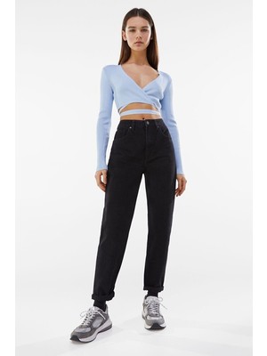 Makras Exclusive Okula Dönüş Siyah Geniş Kalıp Likralı Mom Jean