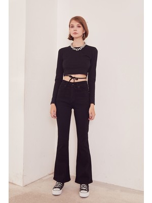 Makras Exclusive Yüksek Bel Siyah İspanyol Paça Jeans Likralı Esnek Kot Pantolon