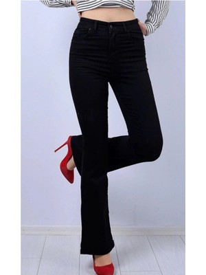 Makras Exclusive Golden Black Yüksek Bel Likralı Simsiyah İspanyol Jeans Pantolon