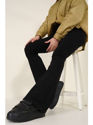 Makras Exclusive Trend İspanyol Kot Yüksek Bel Solmaz Siyah İspanyol Kot Pantolon ( Likralı)