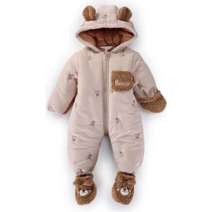 Podium Giyim Yeni Bebek Sevimli Ayı Figürlü Kışlık Kürklü Patik-Eldivenli Kapüşonlu Kozmonot-Astronot Tulum